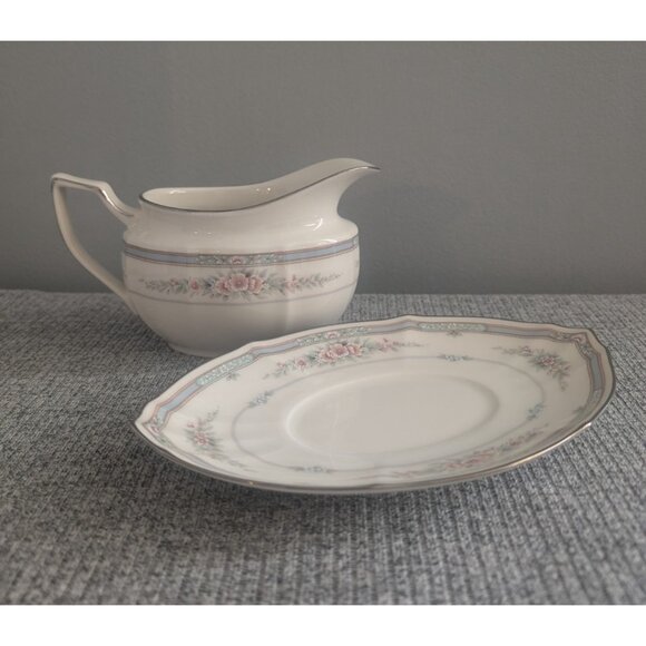 Noritake "Rothschild" Ivory China, Gravy Boat with Underplate, Platinum Trim EUC - Picture 2 of 6